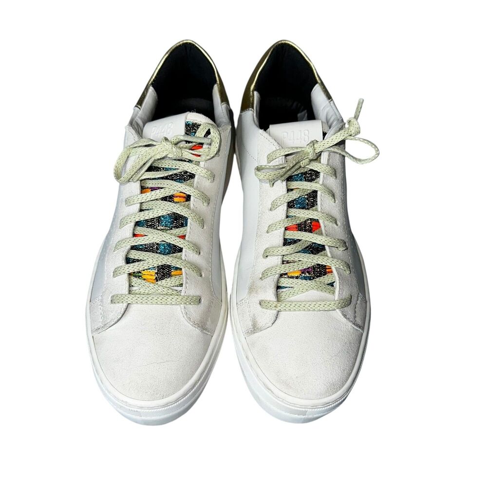 P448 Thea Platform Mahlia Mixed Suede Leather Sneakers Gold Heel Women's‎ 39 8.5 - Picture 2 of 12